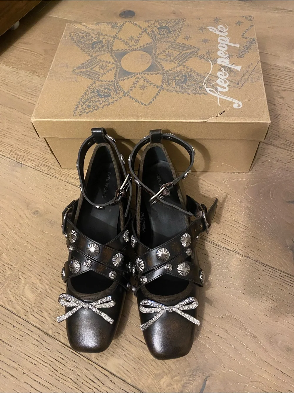 Free People Black Studded Ankle-Strap Flats with Crystal Bow Accents